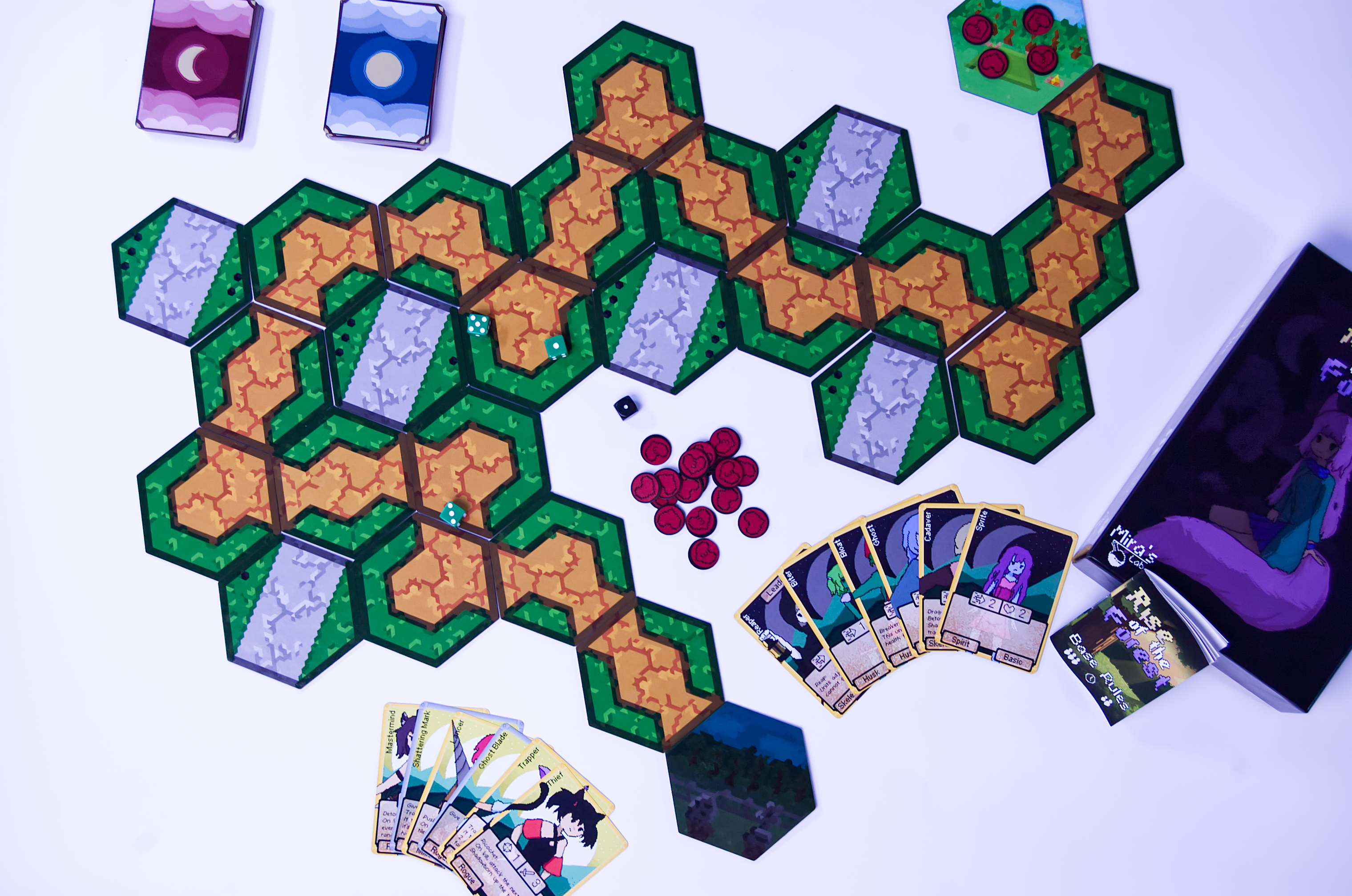 Birds eye view of the Rise of the Forest board game showing track building